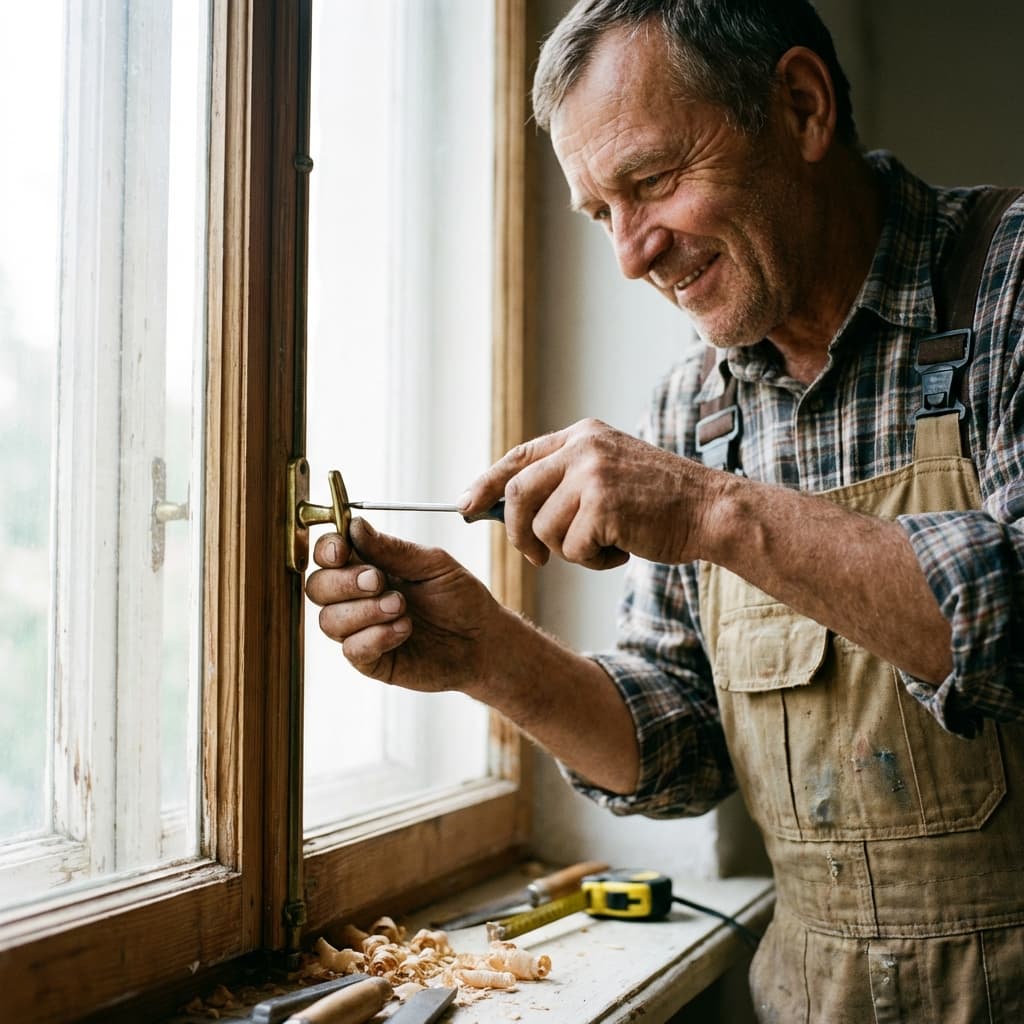 Handwerker beim Fenster-Frühjahrscheck