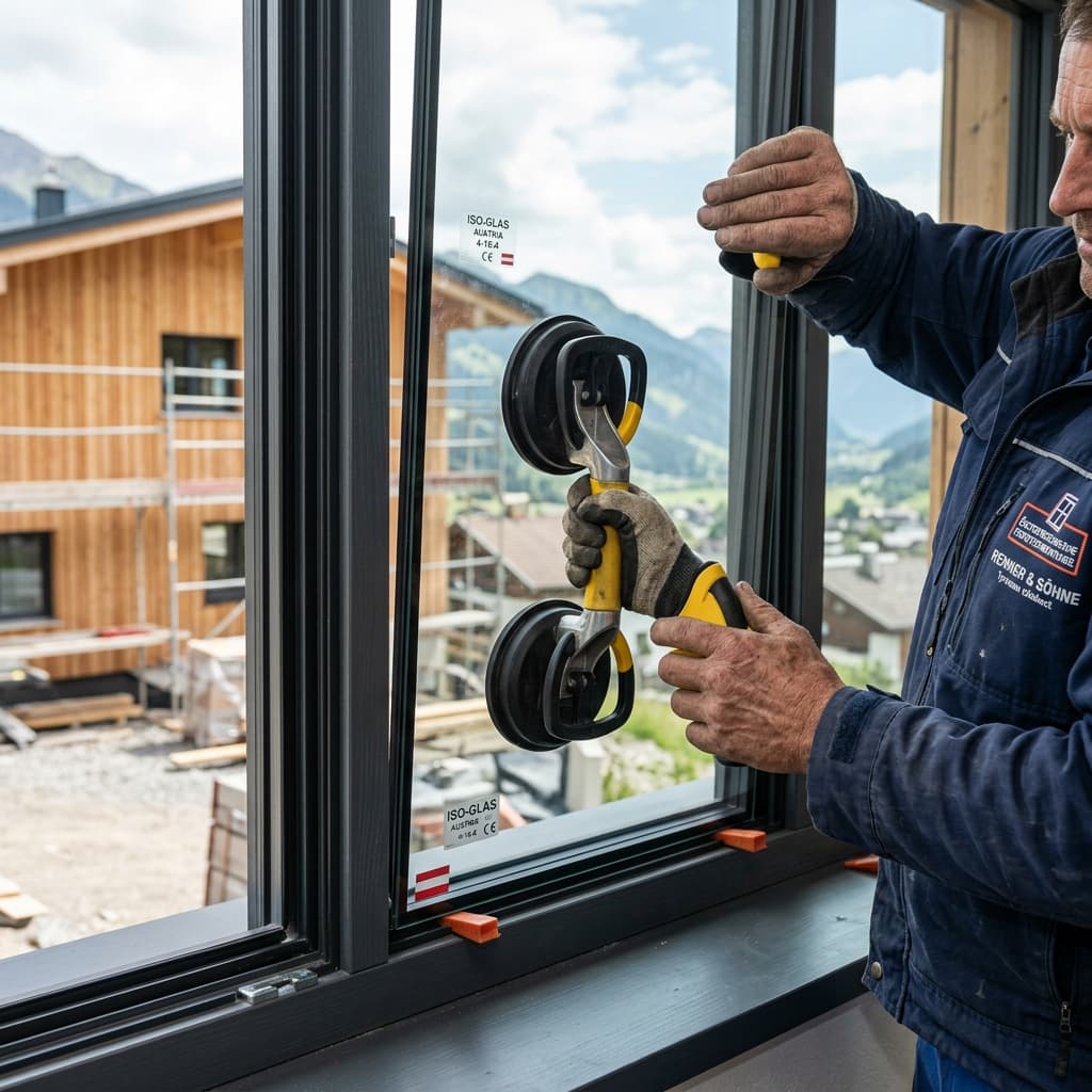 Einsetzen der neuen Isolierglasscheibe mit professionellem Saugheber